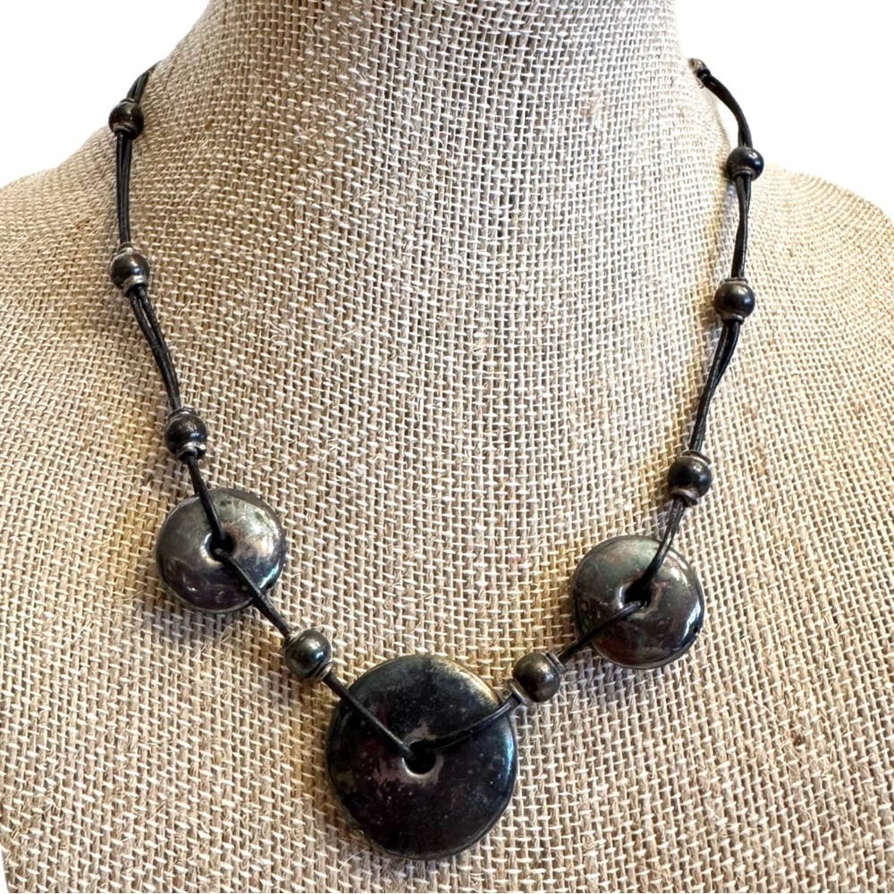 Sterling Silver Round Puffer Circle Discs Leather Cord Necklace Made in Italy - Picture 2 of 16
